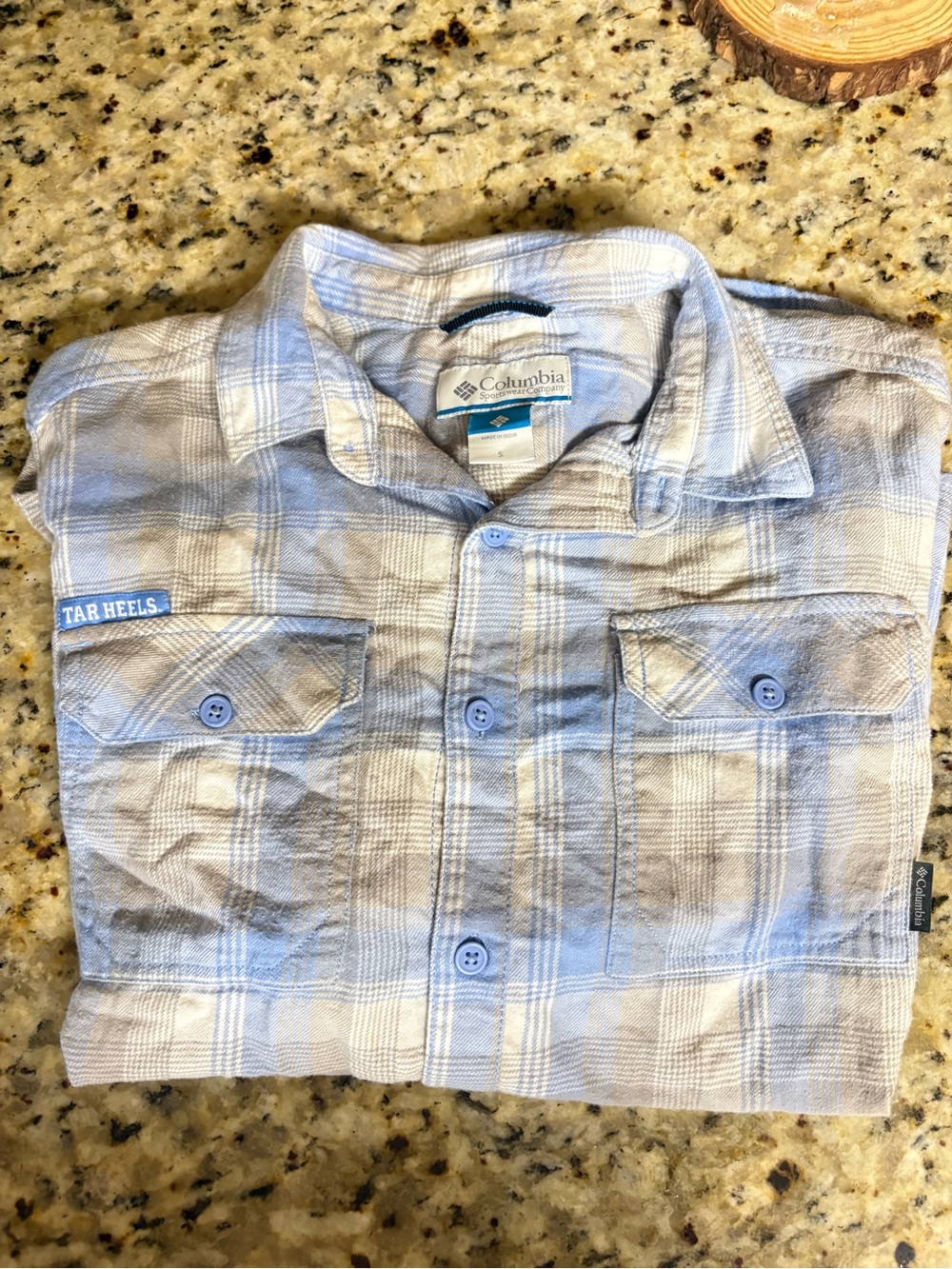 Columbia Men’s Light Blue and White Plaid Button-Down Shirt